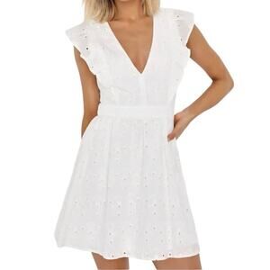 LULUS Flirtatious in Florence White Ruffled Eyelet Cotton V-neck Mini Dress-Sz S
